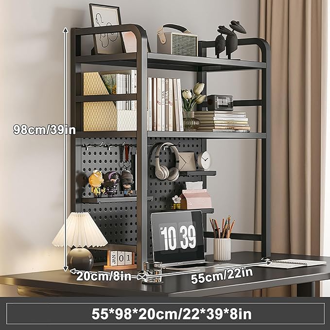 Standing Desk Shelf Desk Shelf Organizer, Countertop Hutch Bookcase Organizer, Desktop Bookcase Bookshelf Desk Hutch, Home Decor, Load Bearing Capacity 50 kg/110 lbs(Black,55*98*20cm/22*39*8in)