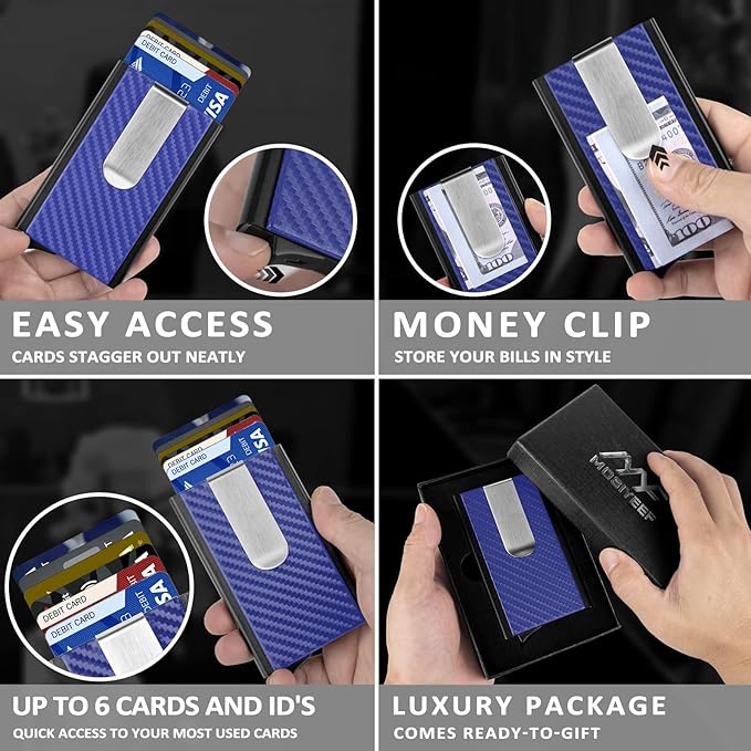 MOSIYEEF Minimalist Wallet for Men, RFID Blocking Card Wallet with Money Clip, Aluminum, Habor Blue, 6 Card Slots