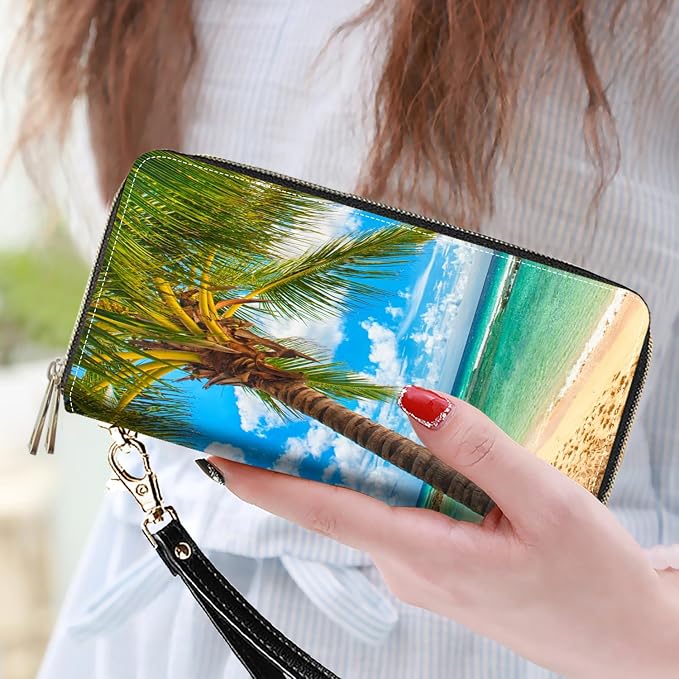 Women's Large Capacity Wallet PU Leather Double Zipper Clutch Purse Multifunctional Wallet with Removable Wristlet Strap for Smart Phone/Coin/Card/Cash, Tropical Paradise Beach Palm Trees