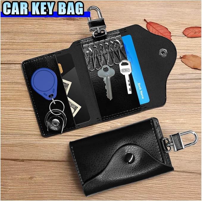 Leather Car Key Case Holder, Remote Key Fob Case with Keychain & Snap Closure – Universal Smart Keys Pouch for Men Women, Coin Holder Protection Bag with Metal Hook (Black)