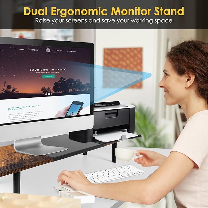 Dual-Monitor-Stand-Riser-For-Desk Adjustable Length 32-40 Inch，Large Desktop Computer Monitor Riser For 2 Screens，Desk Shelf Organizer Riser Stand For Computer/Laptop/PC/Printer/TV Black