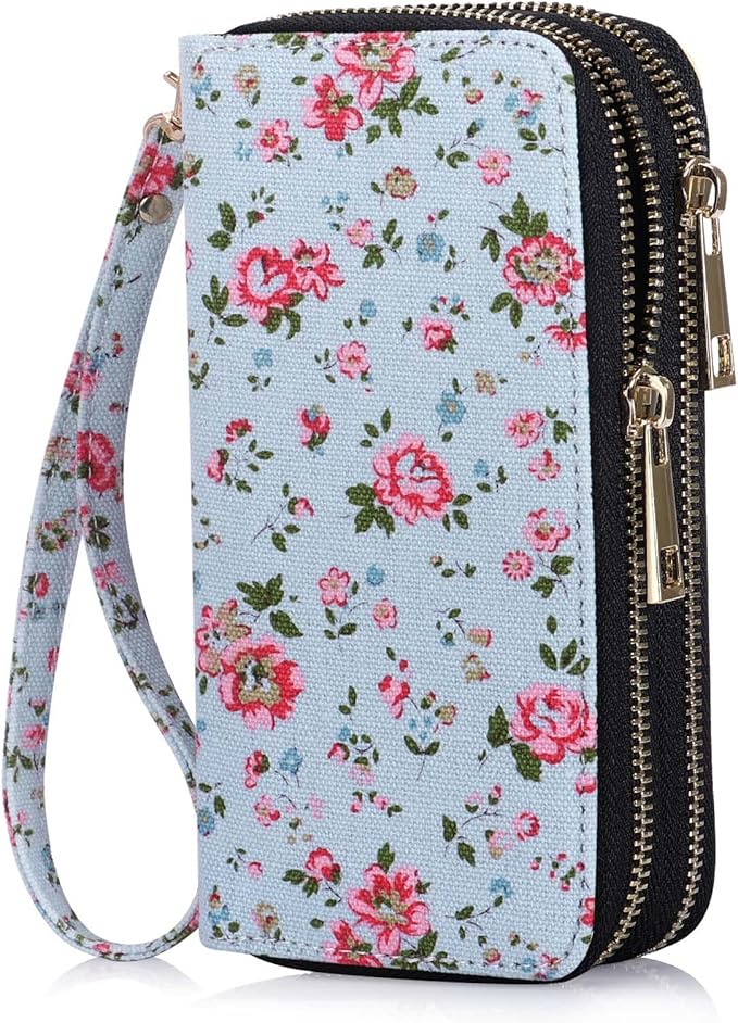 Cellphone Wallet for Women Dual Zipper Long Purse with Removable Wristlet