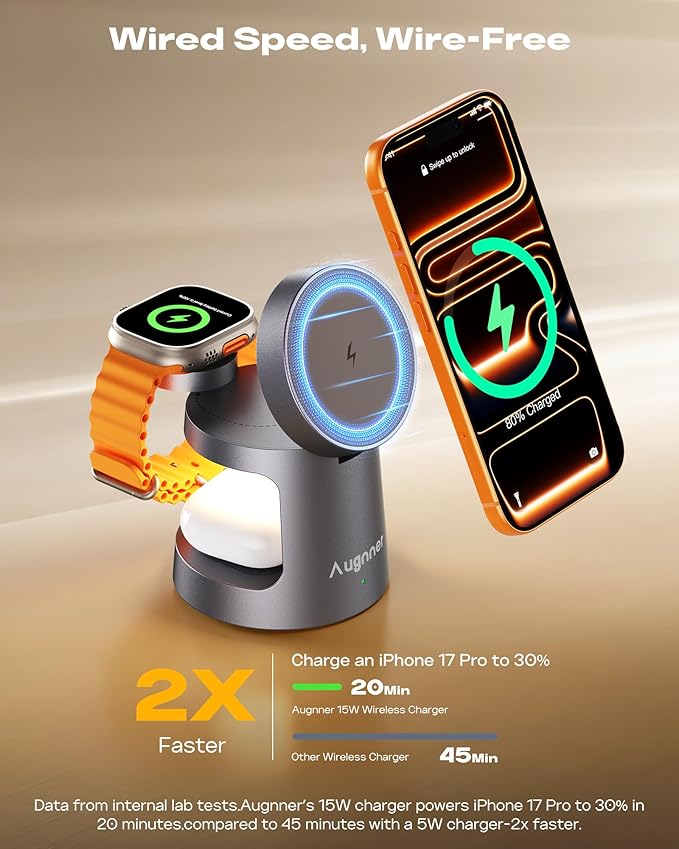 4 in 1 Charging Station Compatible with MagSafe Charger, Foldable Magnetic Wireless Charger with Night Lamp, 15W Fast Charging Stand for iPhone 17/16/15/14/13/12, Apple Watch, AirPods (20W Adapter)