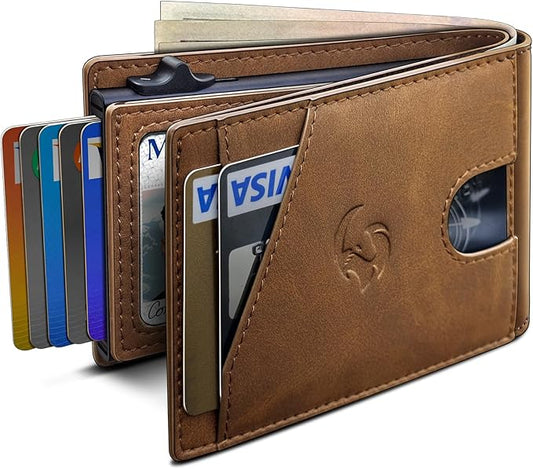 Wallet for Men, Slim Pop Up Card Holder with RFID Blocking, Minimalist Bifold Wallet with 9 Card Slots, ID Window and Cash Pocket, Metal Flip Case with Magnetic Closure, Gift Box