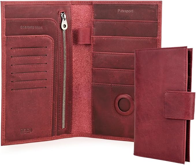 CONTACTS Full Grain Leather RFID Blocking Family Passport Holder for 4 Passport Wallet Compatible with Airtag Travel Passport Cover with 4 Passport Slot, 6 Card Slot (Red)