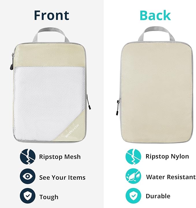 Compression Packing Cubes 8 Set, Compressible Space-Saving Packing Cubes for Travel - Compression Bags, Luggage Organizer, Travel Essentials for Women, Beige