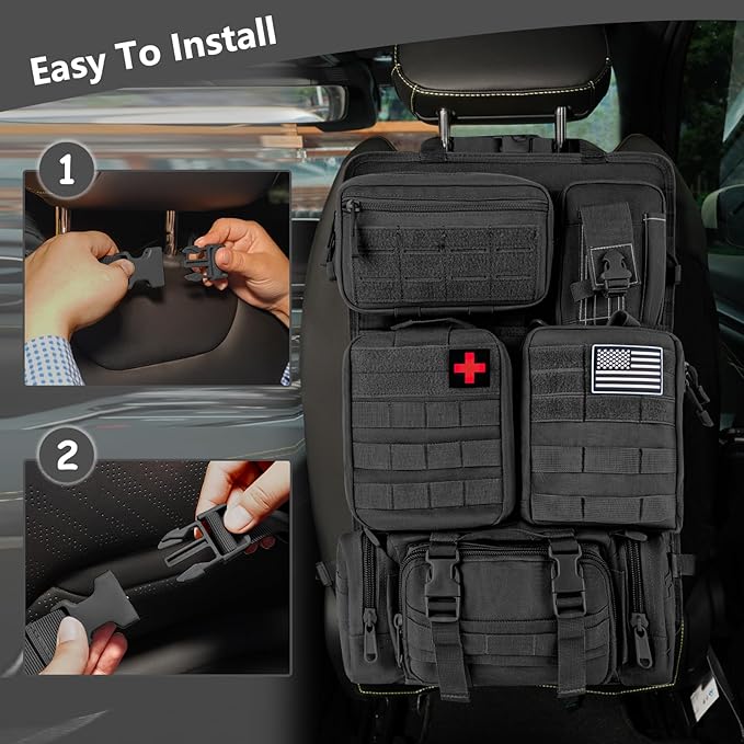 Tactical Car Seat Back Organizer Bag - Tactical Molle Vehicle Organizers Panel with 5 Detachable Pouches for Car Truck Ford Jeep Vehicle (Black Regular)