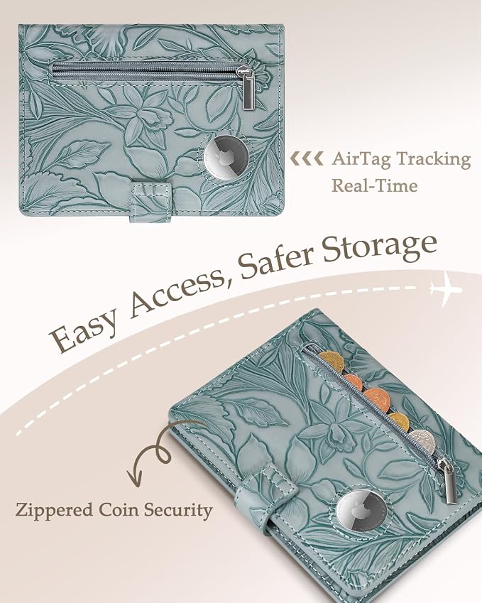 Slohif Floral Embossed Passport Wallet - Elegant Passport Wallet with AirTag Holder & RFID Blocking Slim Vegan Leather Passport Cover with Money Pocket and Card Slots Dusty Blue
