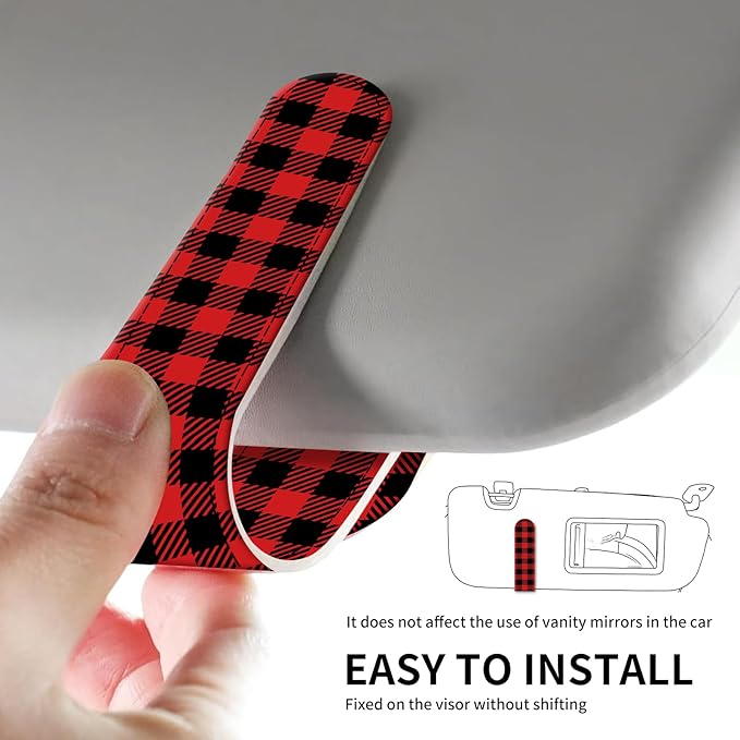 Leather Magnetic Sunglass Holder for Car Sun Visor, Cute Eyeglass Ticket Card Hanger Clip, Universal Auto Interior Accessories for SUV Pickup Truck Red Plaid
