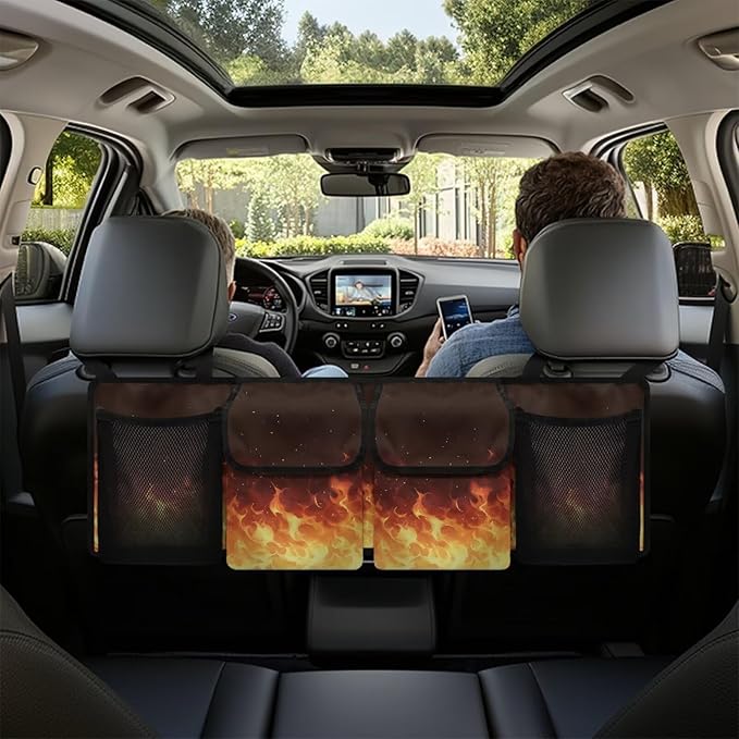 Flame Car Trunk Organizer,Backseat Hanging Storage with 4 Large Pockets,Collapsible Cargo Bag with Adjustable Straps Frees Trunk Floor for SUV,Truck,Van Easy to Washable