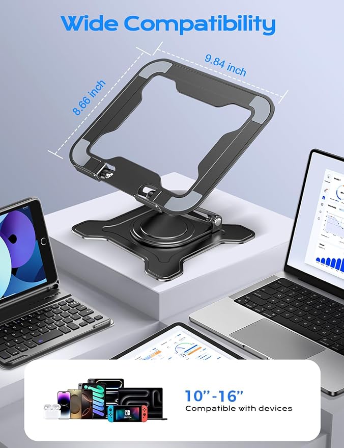 Adjustable Laptop Stand for Desk, 360° Rotating Base Ergonomic Computer Stand, Laptop Riser Foldable Protable for Office Home Fits Compatible with MacBook Pro/Air Notebook up to 10-16" Black
