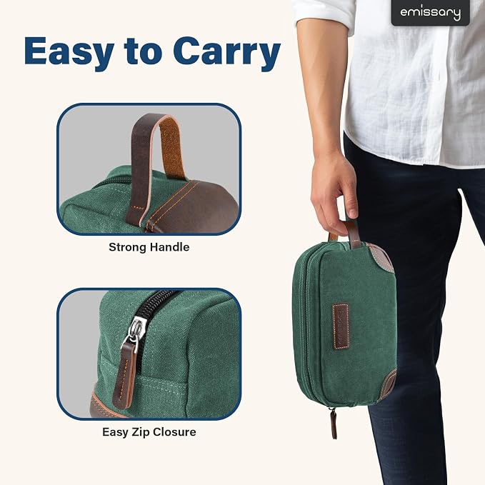 emissary Men's Toiletry Bag, Leather and Canvas Travel Toiletry Bag, Dopp Kit for Men, Travel Bathroom Bag Men's Shaving Kit, Travel Kit Small Bags for Men, Shaving Bag for Travel Accessories (Green) | Durable canvas & PU leather, water-resistant linin...