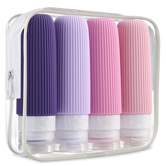 Mrsdry Travel Bottles for Toiletries, Tsa Approved 3oz Portable Travel Bottles, BPA Free Leak Proof Squeezable Silicone Travel Size Containers, Travel Accessories with Clear Toiletry Bag (4 Pack)