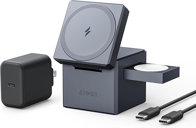 Anker MagSafe Charger Stand, iPhone 17 Wireless Charger, 3-in-1 Cube with MagSafe, 15W Foldable Fast Charging Stand, for iPhone 17/16/15, Apple Watch 1-8/Ultra, AirPods (30W USB-C Charger Included)