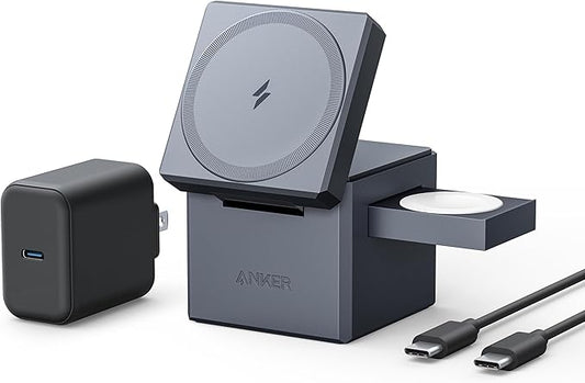 Anker MagSafe Charger Stand, iPhone 17 Wireless Charger, 3-in-1 Cube with MagSafe, 15W Foldable Fast Charging Stand, for iPhone 17/16/15, Apple Watch 1-8/Ultra, AirPods (30W USB-C Charger Included)
