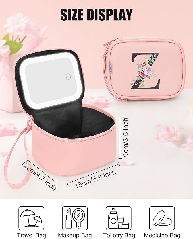 Relavel Initial Makeup Bag with Led Mirror for Women, Mini Cosmetic Bag for Travel, Personalized Cute Makeup Pouch with 3 Light Modes, Preppy Birthday Gifts for Kids Teen Girls - Pink Z