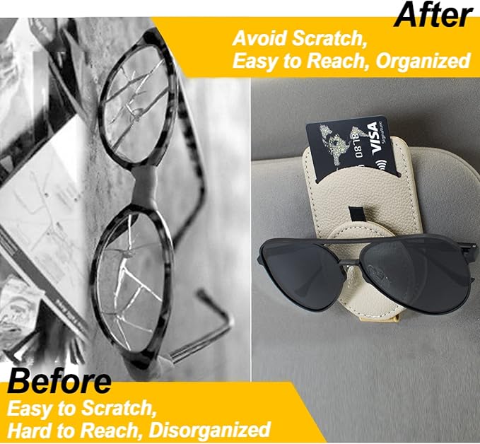 Sunglass Holder for Car Visor, Magnet Adsorbed Sunglasses Holder for Car Accessories Parts, Leather Car Sunglass Holder, Car Visor Sunglasses Clip for Glasses Cards (2PCS, Beige)