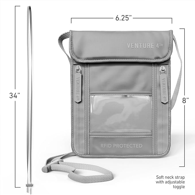 VENTURE 4TH Neck Wallet for Women & Men – RFID Blocking Passport Holder for Travel, Hidden Neck Pouch with 6 Compartments, Slim Lightweight Travel Organizer with Adjustable Strap (Sleek Silver)