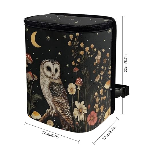 Talayituse Owl Mushroom Daisy Flower Print Car Trash Bin, Large Size Auto Trash Can Adjustable Portable Garbage Can with Lid, Vehicle Hanging Bag for Headrest Front Back Seat