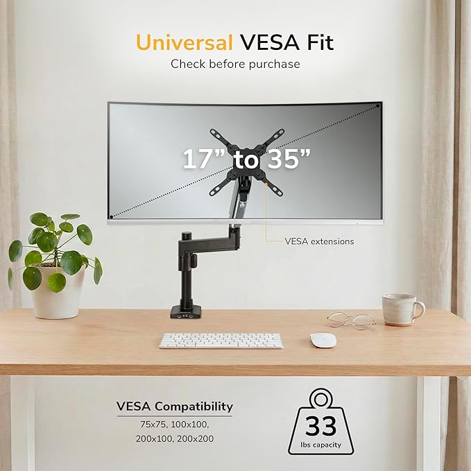 Mount-It! Ultrawide Monitor Arm, Heavy-Duty Gas Spring Desk Mount for 17??5??Curved Screens up to 33 lbs, Full Motion Height Adjustable Monitor Arm with USB 3.0 & Audio Ports, VESA 75/100/200