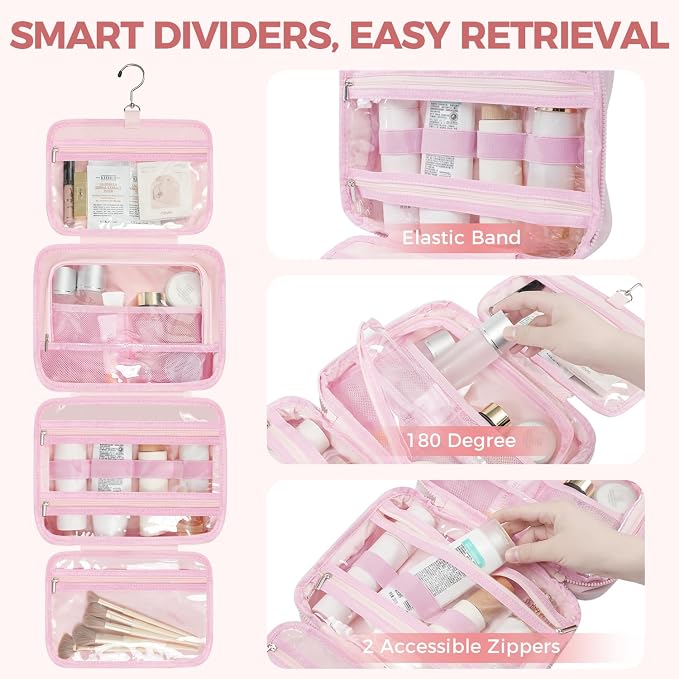 Toiletry Bag for Women, Portable Hanging Organizer, 4 Leakproof Compartments for Full-Sized Conditioners, Brush Sets, Makeup Accessories, Visible and Easy to Access, M, pink