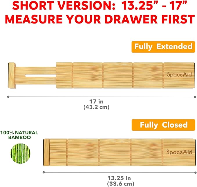 SpaceAid Bamboo 13.25-17??Drawer Dividers (Need 2.35" Deep Drawer) Kitchen Adjustable Organizers, Expandable Organization for Home, Office, Dressers, 4 Dividers with 9 Inserts