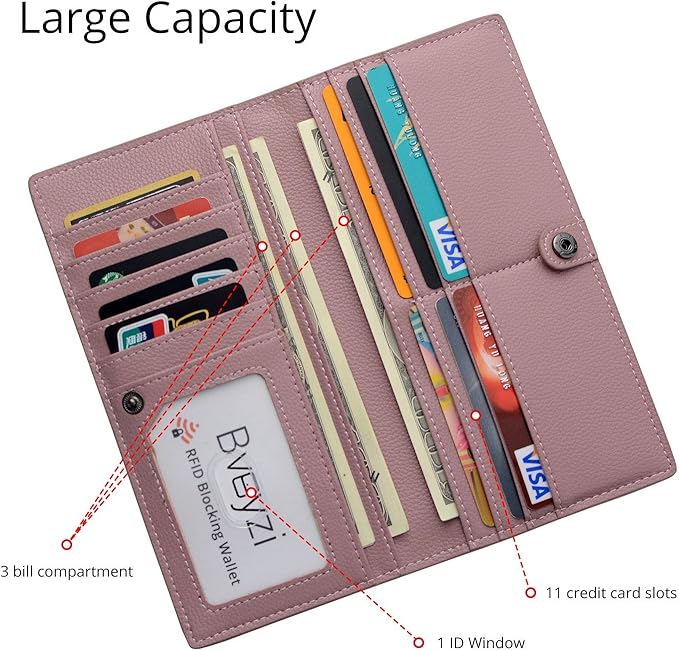 Bveyzi Ultra Slim Thin Leather RFID Blocking Credit Card Holder Bifold Clutch Wallets for Women