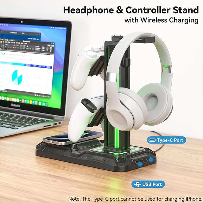 KDD Headphone & Controller Stand with Wireless Charging - Rotatable Headset Stand with 9 Light Modes - Controller Holder with 2 USB and Type C Ports - for Gamers Desktop Accessories