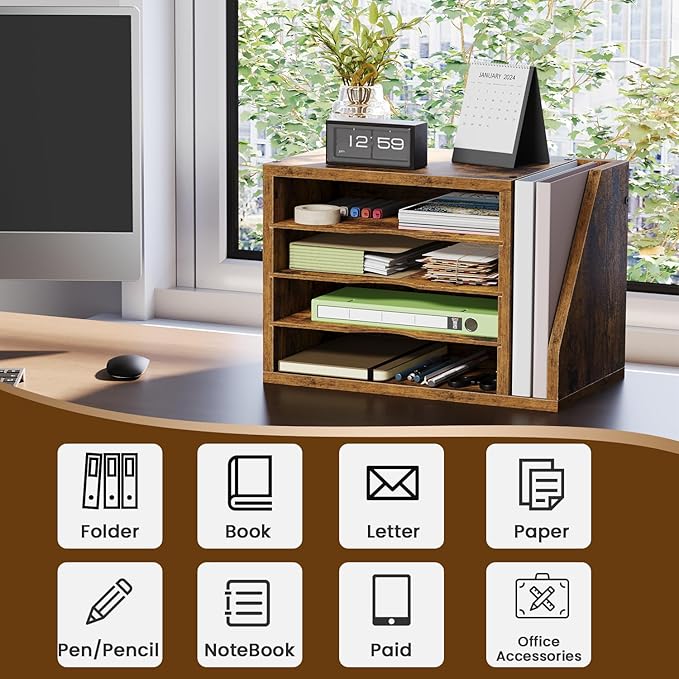 Creso hom Mail Sorter, File Organizer Desktop, Wood Desk Organizer with 3 Adjustable Shelves, Mail Holder for Office, Home, Letter Sorter File Holders for Envelopes, Supplies Magazines, Rustic Brown