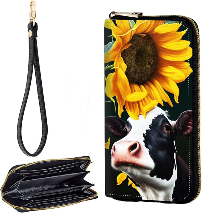Zip Around Wallets for Women with Detachable Wrist Strap, Large Capacity RFID Blocking Leather Purse Organizer Card Holder Wristlet,Cute Sunflower Cow