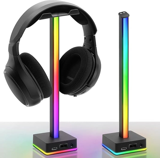 EZDIY-FAB USB LED Light Bar Headphones Stand, Desktop Atmosphere RGB Backlight,50 Built-in Color modes, Headphone Holder for Gamers Gaming PC Accessories Desk- Black- 1 Pack