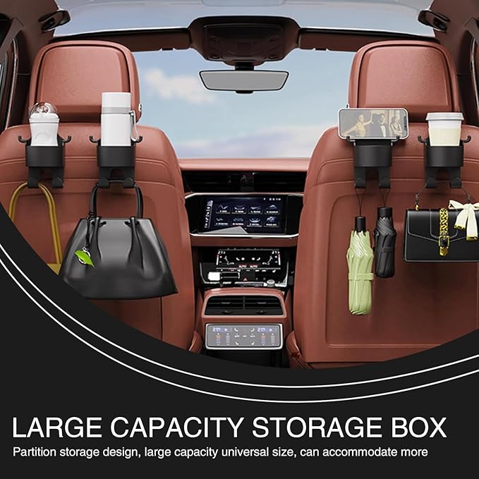 2 Pack Car Seat Headrest Hook with Cup Mount, 3 in 1 Multifunctional Vehicle Storage Hook Replacement, Universal Waterproof Automotive Organizer Accessories for Truck SUV Car (Black)