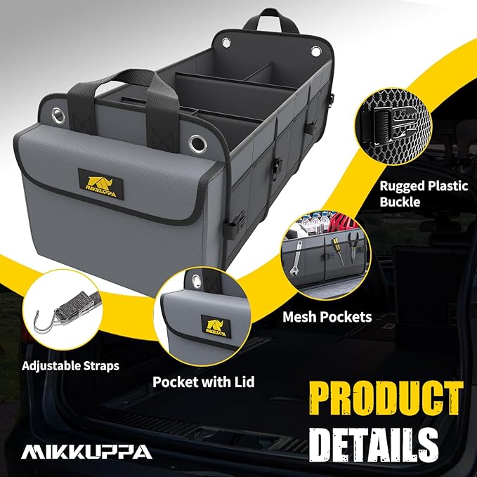 MIKKUPPA Car Trunk Organizer - 100L Large Car Organizer, 1680D Oxford Collapsible Suv Trunk Storage with 2 Adjustable Straps for Auto, Truck, Suv (Gray)