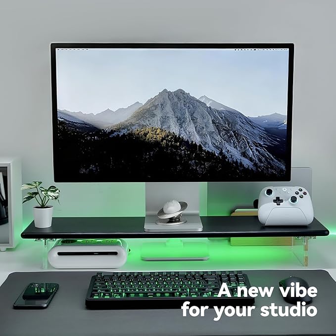 Bamboo Monitor Stand Riser with RGB Lights,31.5 Inches Desktop Shelf with Acrylic Legs Supports for Desk, PC Computer Monitor, Laptops, Printer, Speakers (Black)