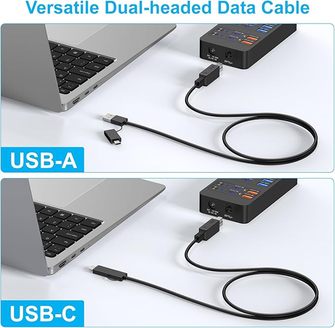 Powered USB Hub, 14 Ports USB Splitter with Individual Power On/Off Switches, 60W Power Adapter for Mac, PC, and More