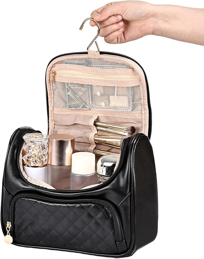 Greenfeather Cosmetic Bags for Women，Hanging Toiletry Bag with Makeup Brush Womens Travel Toiletry Bag for Women Essentials Travel Organizer for Full Sized Cosmetics and Toiletries Black