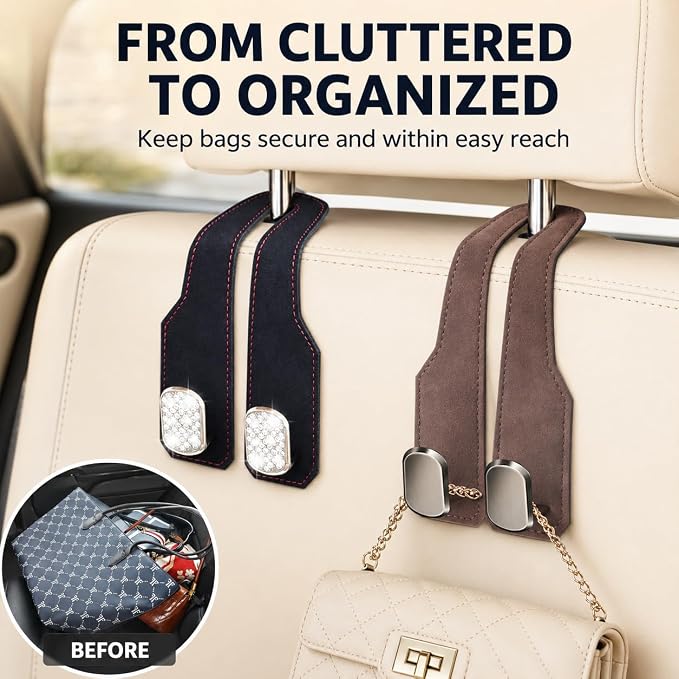 4Pcs Car Headrest Hooks with Premium Leather, Upgraded Double Metal Hooks with Anti-Drop Design, Universal Back Seat Hanger for Bags, Coats, Purses and Groceries (Stylish Brown)