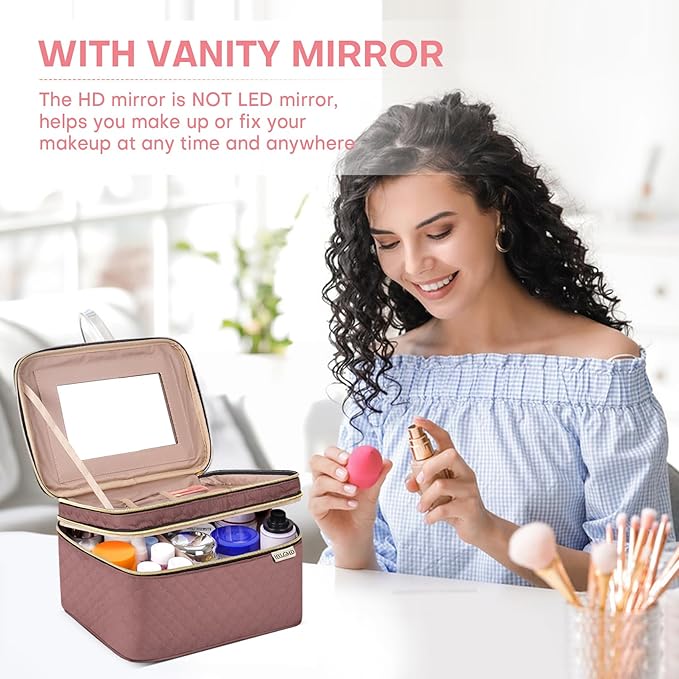 HXLGMD Large Makeup Bag with Mirror Double Layer Travel Make Up Organizer Case, Large Capacity Coemetic Bag with Brush Slot Divider