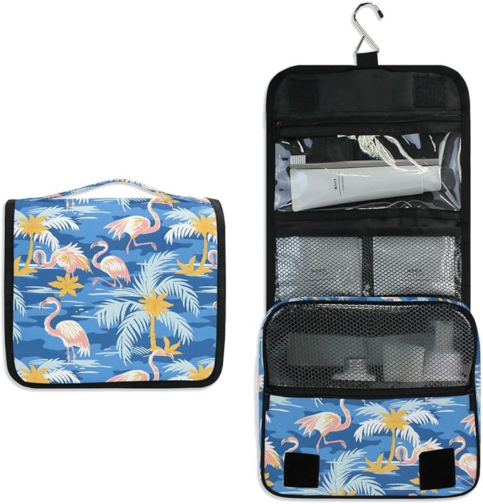 Hanging Travel Toiletry Bag Flamingos Palm Trees Kit Makeup Case Cosmetics Organizer for Men Women