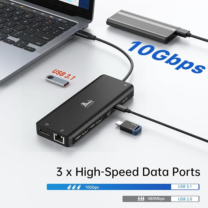 LIONWEI Laptop Docking Station 13 in 1 - Dual HDMI+DisplayPort+10Gbps, 6 USB C/A, 100W PD, Ethernet, SD/TF, Audio, USB C Hub for MacBook/Dell/HP/Surface, Black