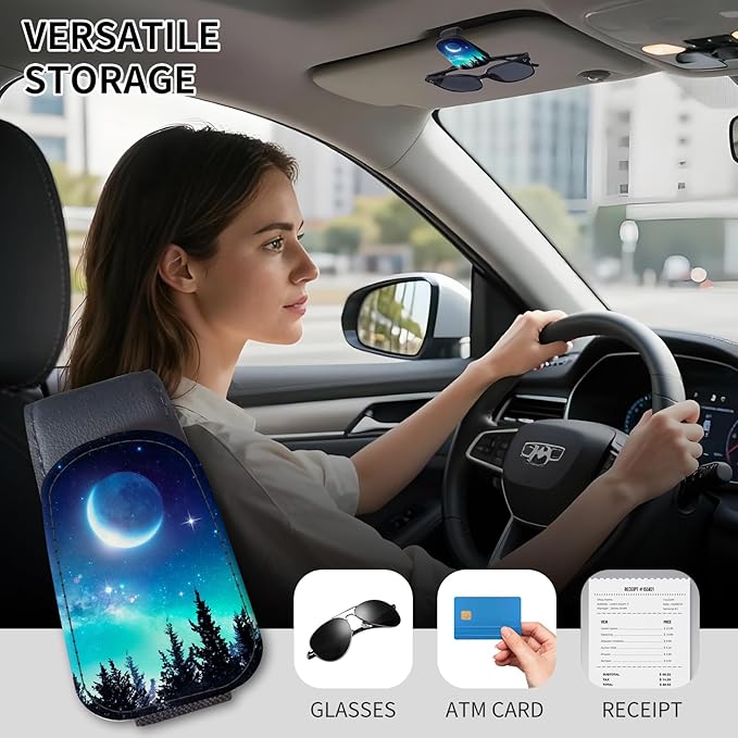 Sunglasses Holder for Car Visor, PU Leather Glasses Clip Organizer, Cute Magnetic Eyeglass Holder for Vehicle Sun Visor, Car Interior Accessory for Women & Men Starry Forest Night