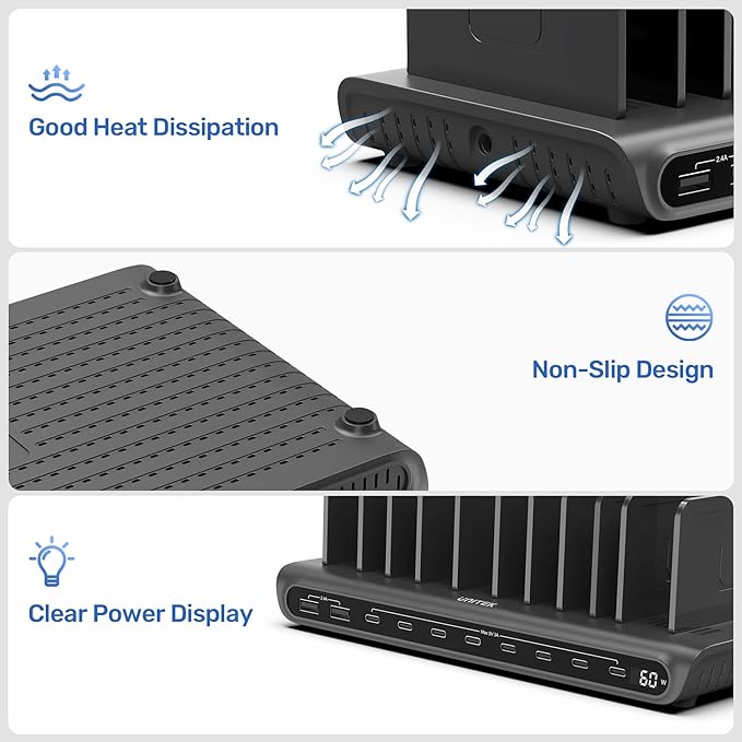Unitek 10-Port Desktop Charging Dock Ultimate Charging Station for Multiple Devices, iPhones & Apple Products High-Speed USB Hub with LED Display for Office, Kitchen Counter, Desk Organizer
