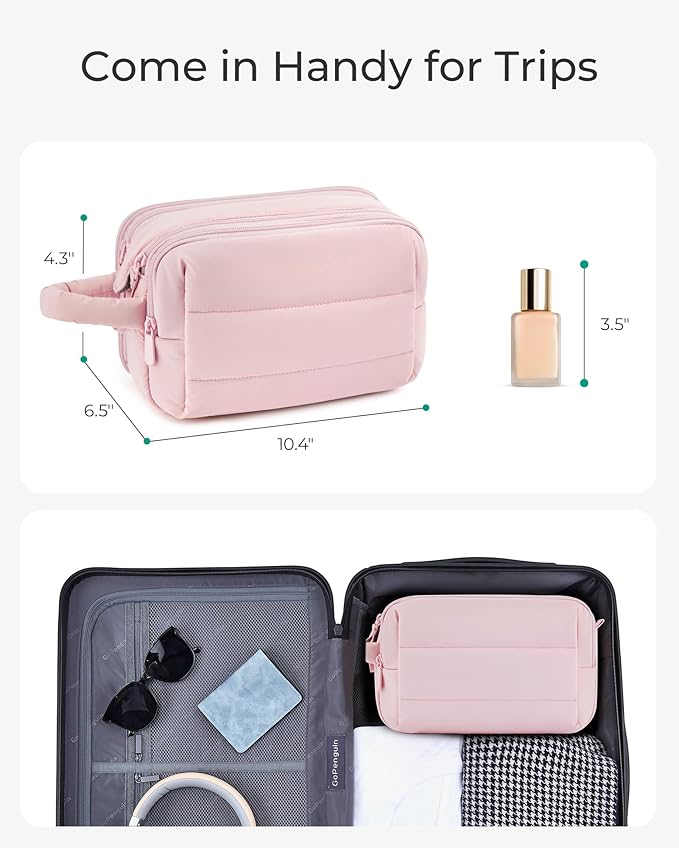 BAGSMART Travel Toiletry Bag for Women, Puffy Cosmetic Makeup Bag Organizer, Large Wide-open Travel Organizer for Toiletries, Dopp Kit Water-resistant Makeup Case for Accessories-Beige