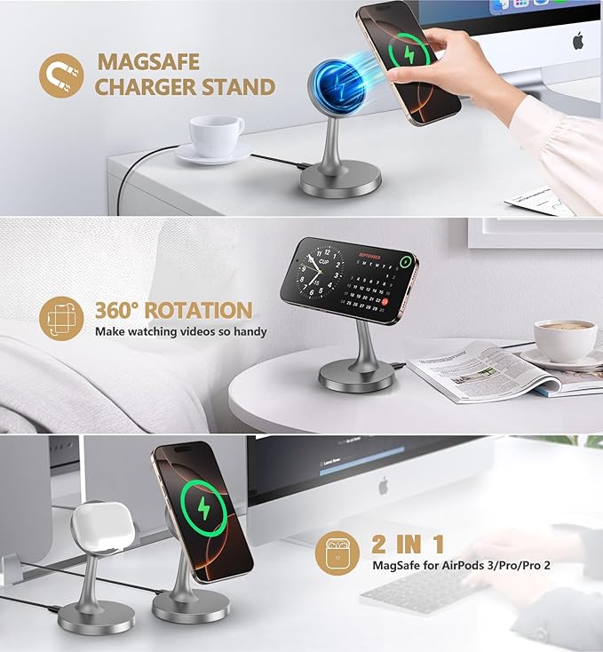 Magnetic Wireless Charger iPhone Stand, 15W Fast Mag-Safe Charger iPhone 17/17 Air/17 Pro/17 Pro Max 16/15/14/13/12 Series Magnet Wireless Charging Station/Pad/AirPods for Home, Office, Travel