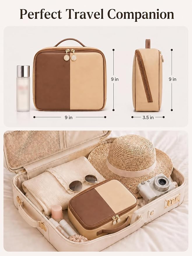 Large Travel Makeup Bag for Women, Large Makeup Bag Organizer with Brush Compartment, Upright Cosmetic Bag and Toiletry Bag, Wipe-Clean PU Makeup Pouch, Brown