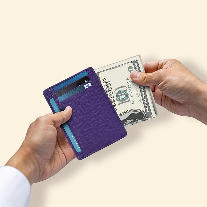 Real Leather Slim Minimalist Wallet for Men and Women -RFID Blocking Front Pocket Thin Credit Card Holder Stylish Wallets (Purple)