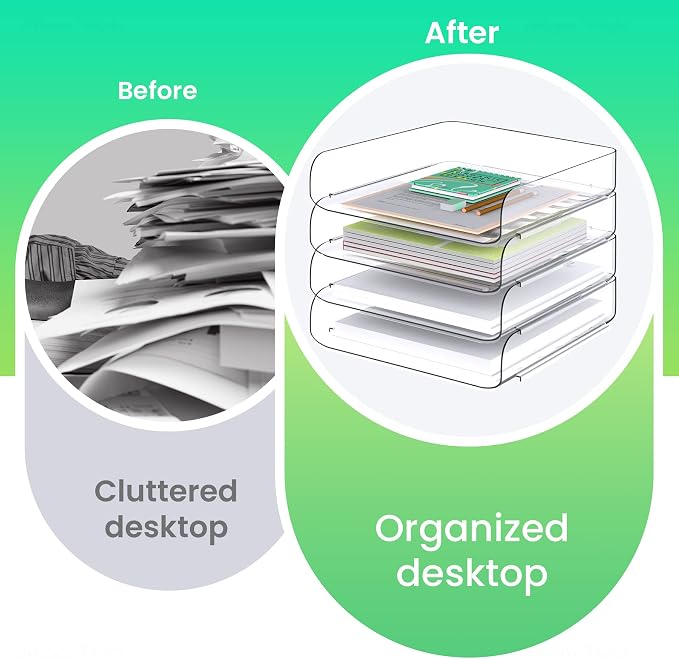 Tomorotec Desk Letter Tray Set, A4 Size Clear PET Stackable Document Organizer Office Desktop File Paper Holder Book Storage Rack Side Load Anti-Skid Stacking Support Convex Bottom (4X Portrait)