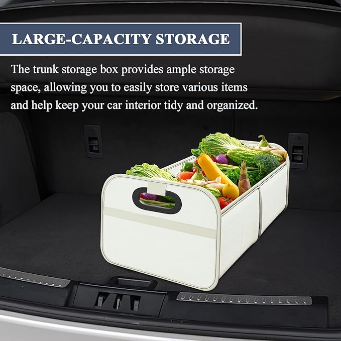Car Trunk Organizer, Foldable Car Trunk Storage Box with 2 Compartments & Mesh Pocket, Large Capacity, Portable with Handle, Collapsible Backseat Storage Organizer for SUV Truck Sedan (White)