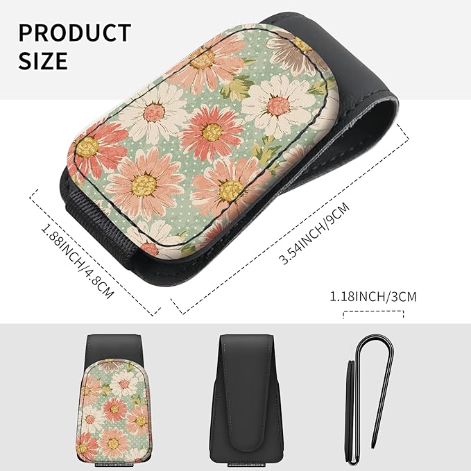 Sunglasses Holder for Car Visor, PU Leather Glasses Clip Organizer, Cute Magnetic Eyeglass Holder for Vehicle Sun Visor, Car Interior Accessory for Women & Men Retro Daisy Floral