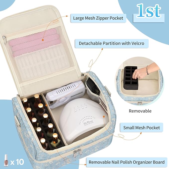 CUBETASTIC Nail Polish Organizer, Nail Supplies Storage Case Holds 45 Bottles Nail Polish & Nail Lamp, Travel Nail Tech Carrying Bag, Nail Kit Bag For Nail Stuff & Manicure Tools